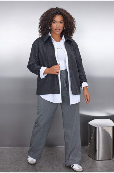 Anthracite Zippered Woven Cashmere Fabric Plus Size Jacket