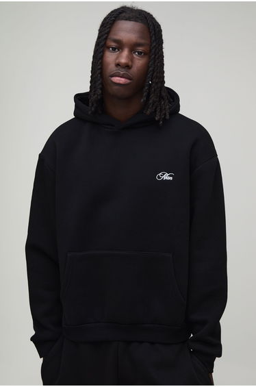 Oversized Boxy Man Script Embroidered Hoodie - black