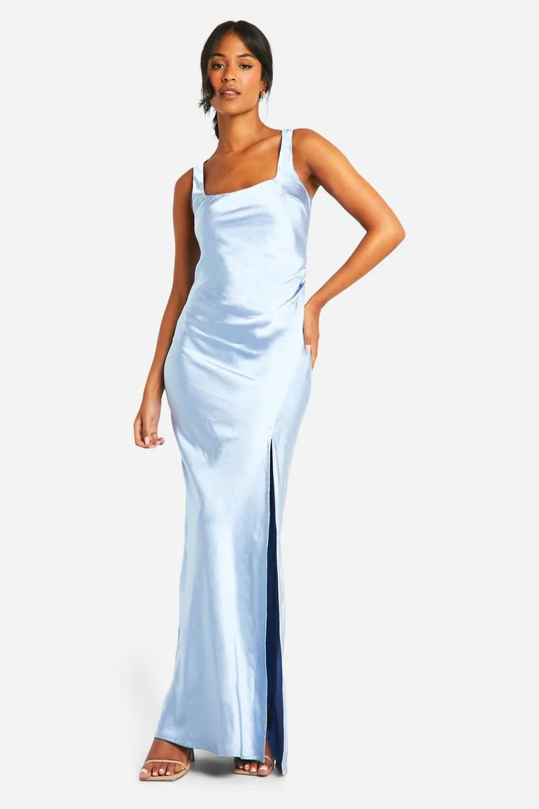 Tall Bridesmaid Satin Square Neck Maxi Dress - blue