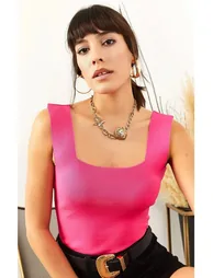 Women's Fuchsia Thick Straps Summer Knitwear Blouse - 1