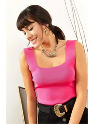 Women's Fuchsia Thick Straps Summer Knitwear Blouse - 3