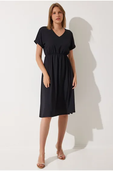 Women's Black V-Neck Slit Summer Casual Knitted Dress