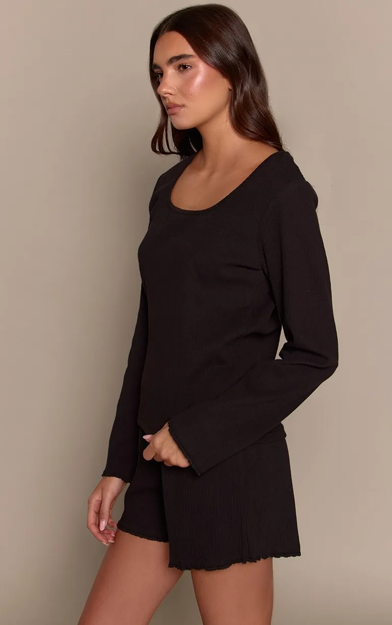 Black Ribbed Slouchy Long Sleeve Top - 2