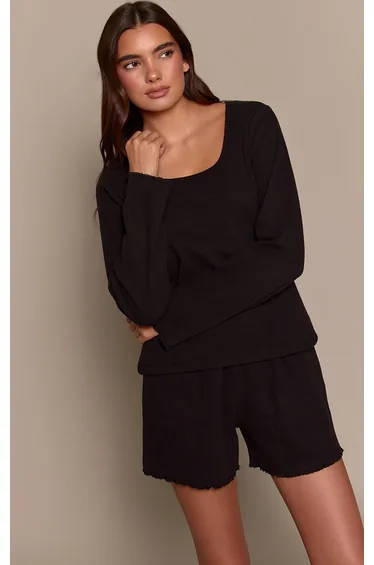 Black Ribbed Slouchy Long Sleeve Top