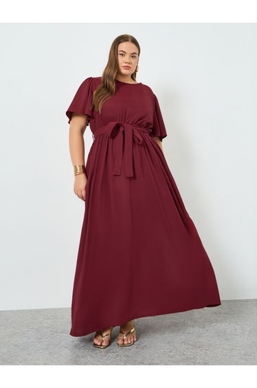 Plus Size Burgundy Waist-Tie Maxi Dress