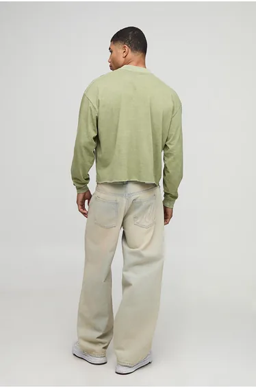 Oversized Shrunken Boxy Raw Hem Eagle Long Sleeve Washed Graphic T-Shirt - olive