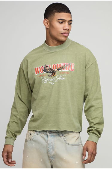 Oversized Shrunken Boxy Raw Hem Eagle Long Sleeve Washed Graphic T-Shirt - olive