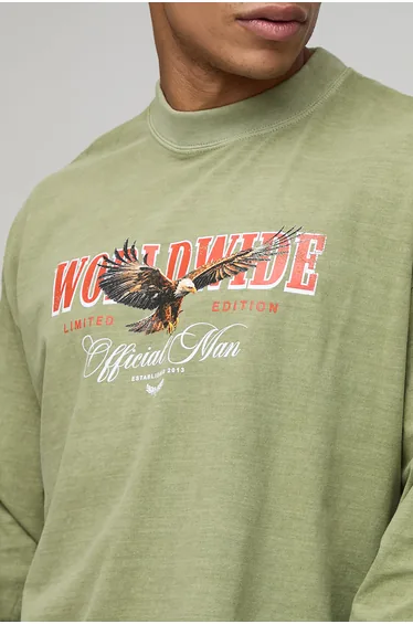 Oversized Shrunken Boxy Raw Hem Eagle Long Sleeve Washed Graphic T-Shirt - olive