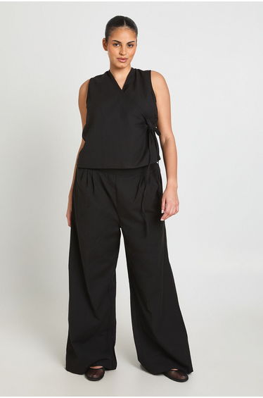 Plus Linen Boxy Wrap Over Waistcoat And Wide Leg Trouser - black