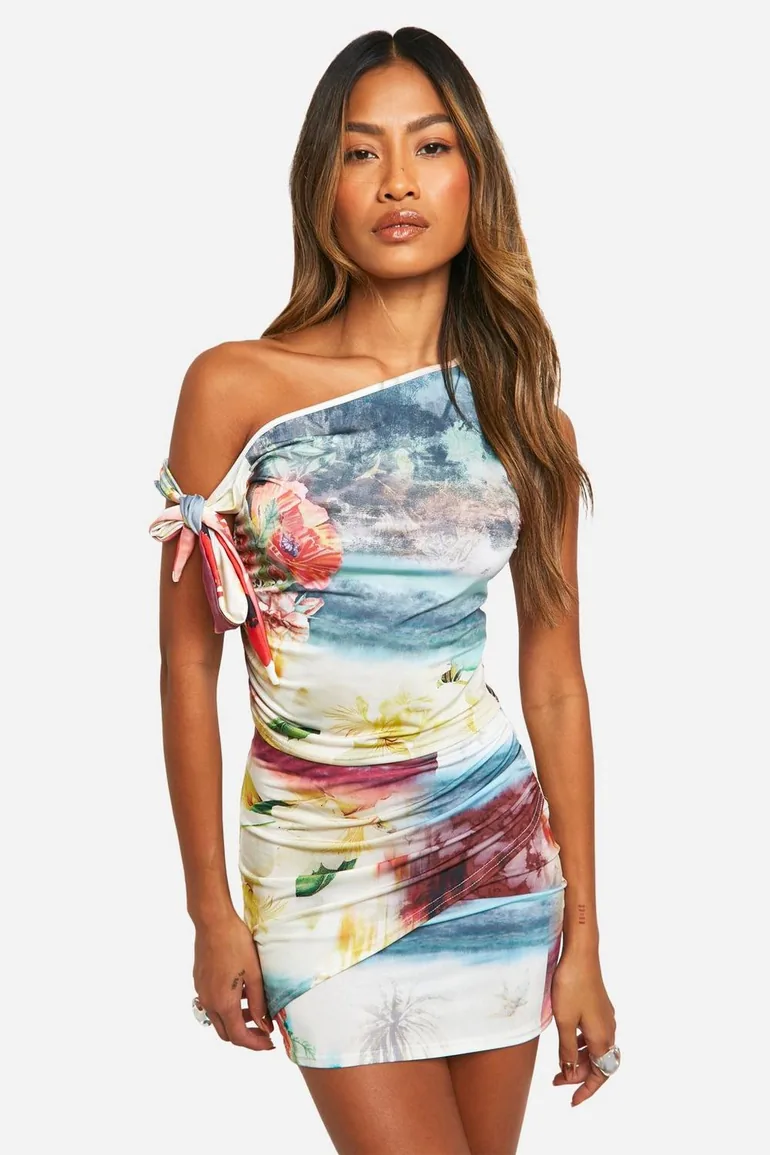 Tie Side Floral Postcard Mini Skirt - 2