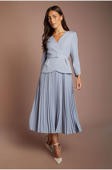 Crepe Bodice Long Sleeve Pleated Midi Dress