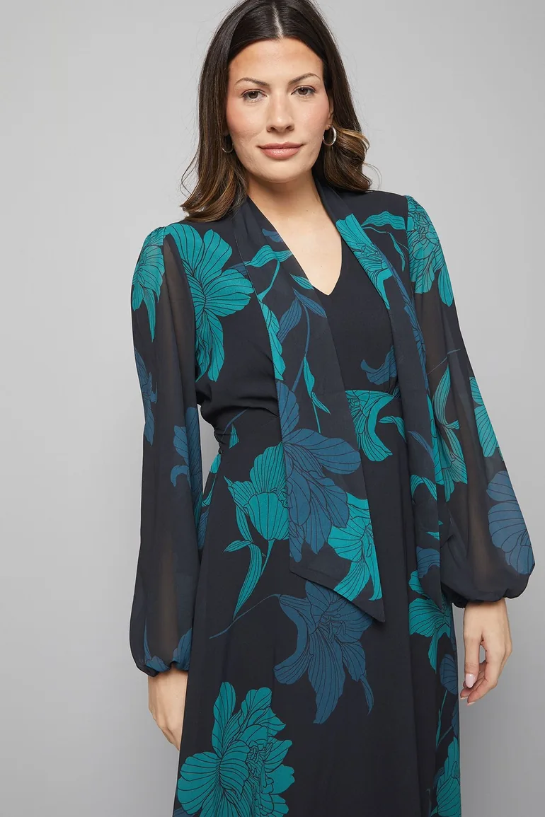 فستان ميدي بربطة ياقة طويلة بطبعة أزهار - أسود - 3