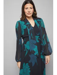 فستان ميدي بربطة ياقة طويلة بطبعة أزهار - أسود - 3