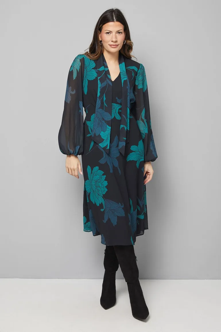 فستان ميدي بربطة ياقة طويلة بطبعة أزهار - أسود