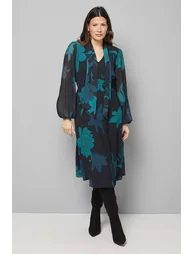 فستان ميدي بربطة ياقة طويلة بطبعة أزهار - أسود