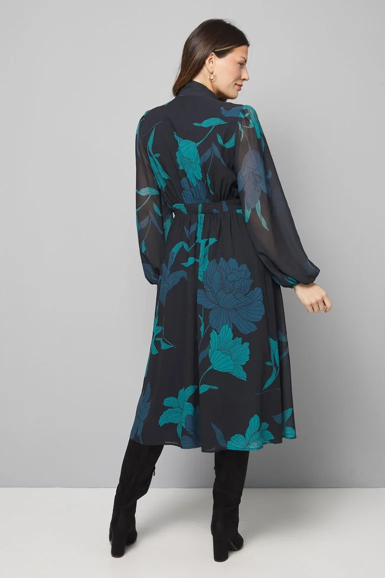 فستان ميدي بربطة ياقة طويلة بطبعة أزهار - أسود - 2