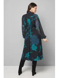 فستان ميدي بربطة ياقة طويلة بطبعة أزهار - أسود - 2