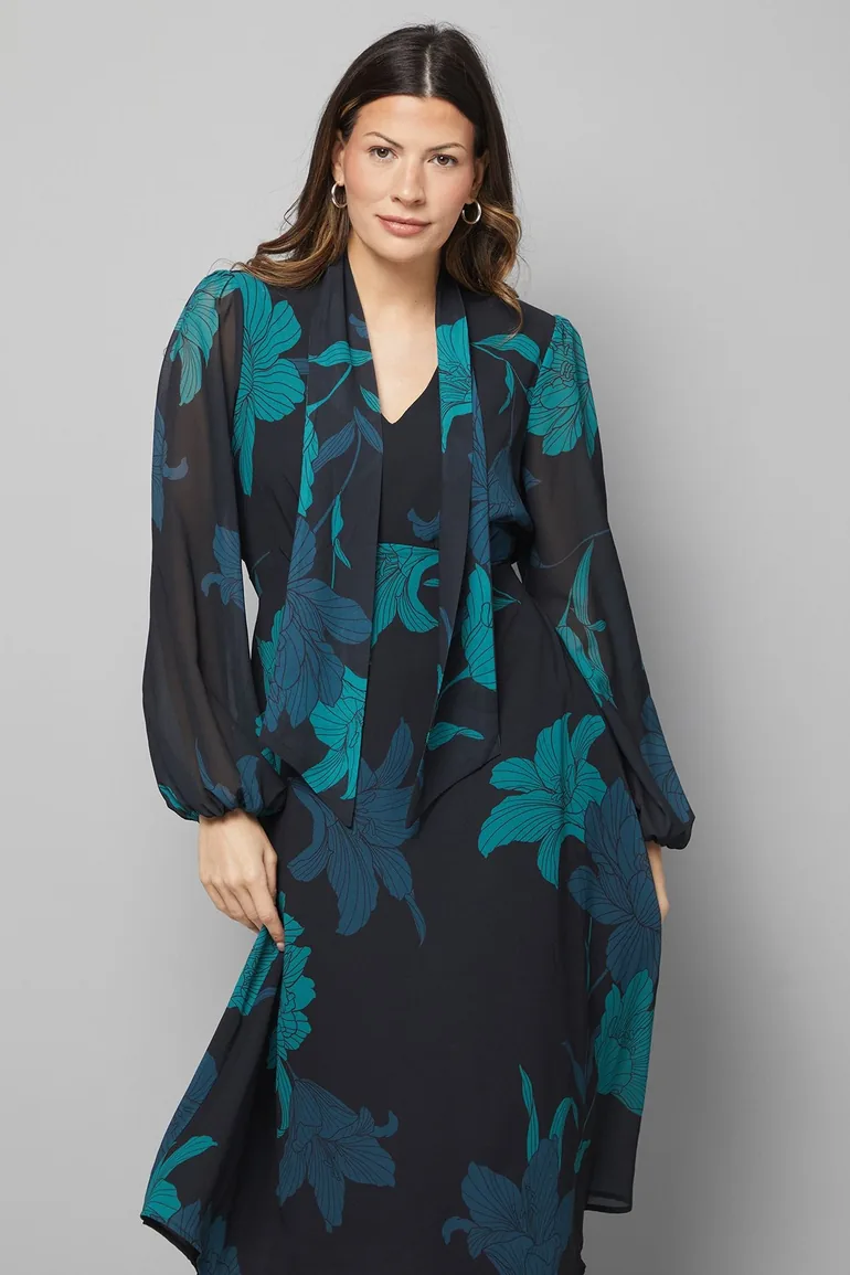 فستان ميدي بربطة ياقة طويلة بطبعة أزهار - أسود - 1