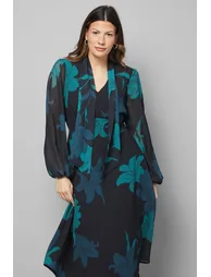 فستان ميدي بربطة ياقة طويلة بطبعة أزهار - أسود - 1