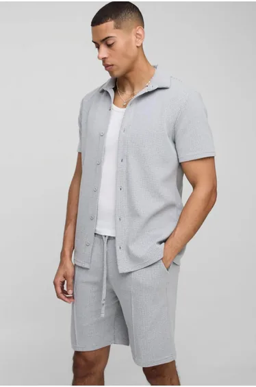 Slim Short Sleeve Collared Shirt & Comfort Pintuck Short - light grey