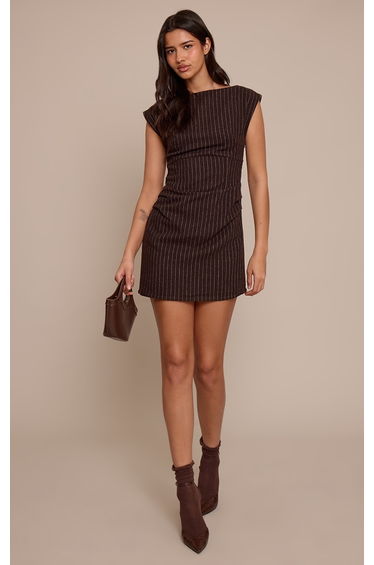 Tall Chocolate Pinstripe Ruched Bodycon Dress
