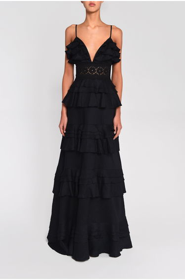 Sophia Black Linen Tiered Ruffle Floor Dress