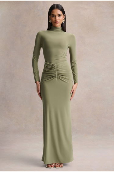 Persis | Olive High-Neck Maxi Dress With Gathered Detailing