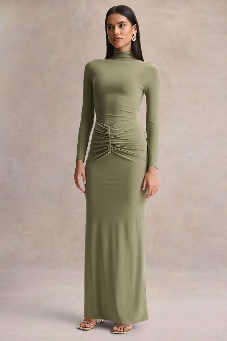 Persis | Olive High-Neck Maxi Dress With Gathered Detailing - 3