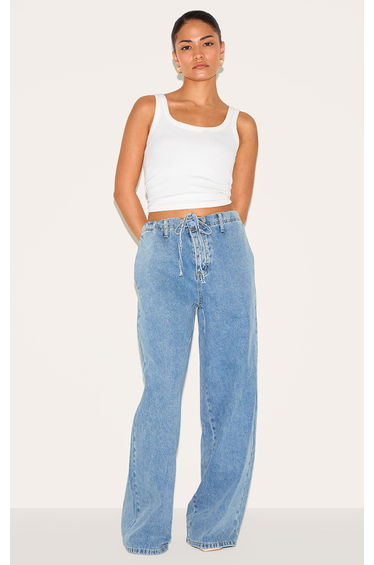 Petite Light Blue Denim Relaxed Drawstring Wide Leg Jeans