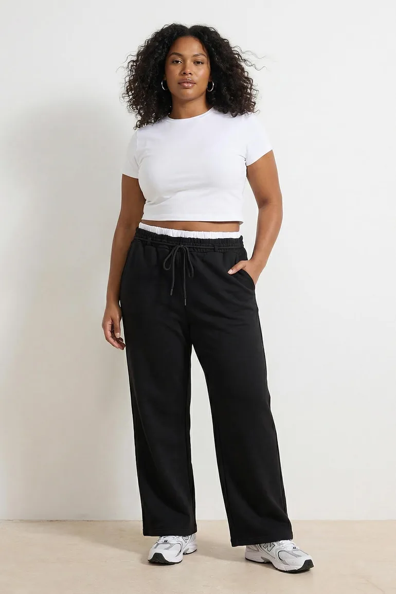 Black Beli Poplin Detailed Lace-Up Wide Leg Large Size Sweatpants