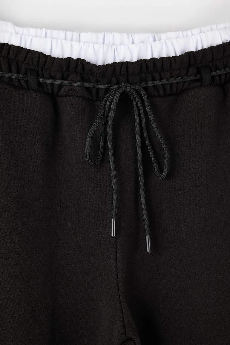 Black Beli Poplin Detailed Lace-Up Wide Leg Large Size Sweatpants - 3