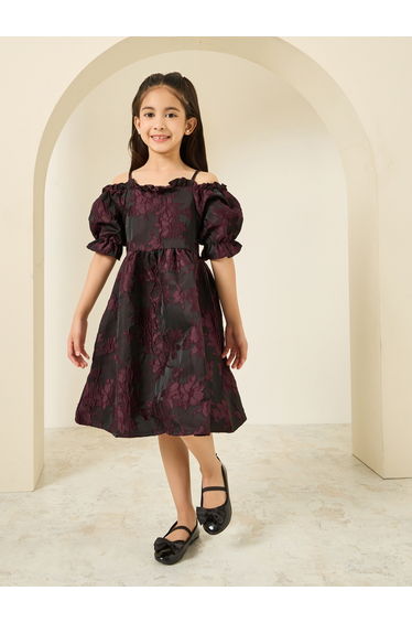 Women Burgundy Floral Jacquard Dress