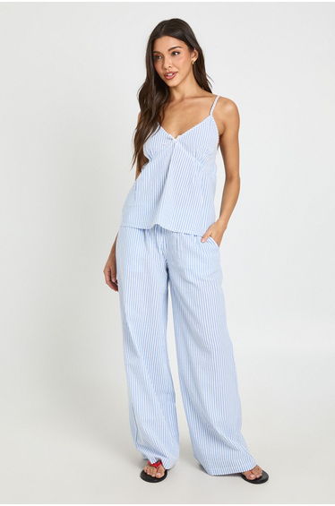 Stripe Bow Detail Cami & Wide Leg Trouser Co-ord - blue