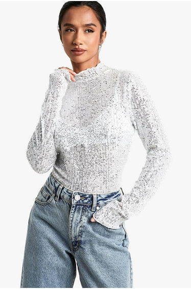 Petite Sequin High Neck Long Sleeved Top