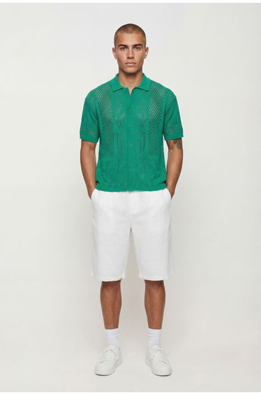 Relaxed Open Stitch Detail Knitted Shirt - green