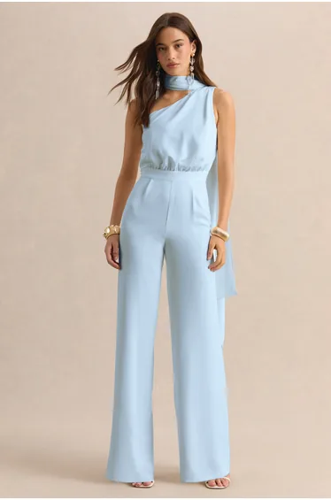 Gliselle | Powder Blue Asymmetric-Neck Jumpsuit With Scarf-Detail