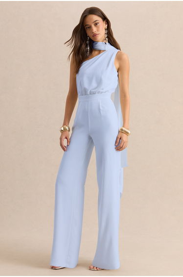 Gliselle | Powder Blue Asymmetric-Neck Jumpsuit With Scarf-Detail