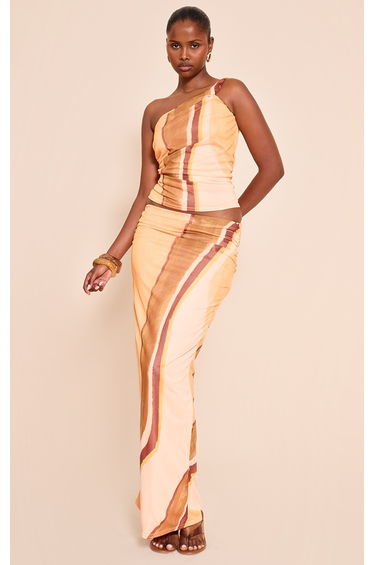 Yellow Abstract Print Mesh Ruched Maxi Skirt