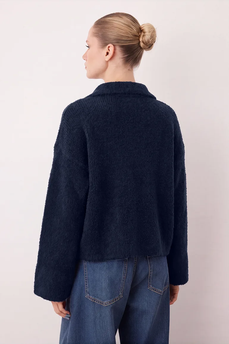 Navy Blue Soft Textured Coat-Looking Knitwear Cardigan - 6