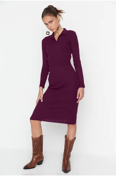 Plum Midi Knit Polo Neck Dress