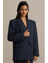 Alana | Navy Pinstripe Plunge-Neck Tailored Blazer - 4
