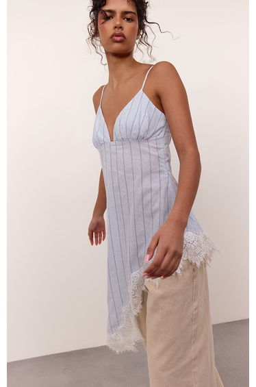 Blue Striped Lace Trim Asymmetric Longline Cami Top