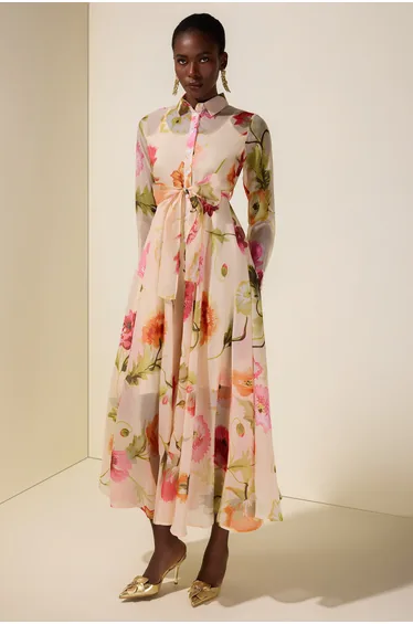 Floral Organza Single Breasted Midi Dress