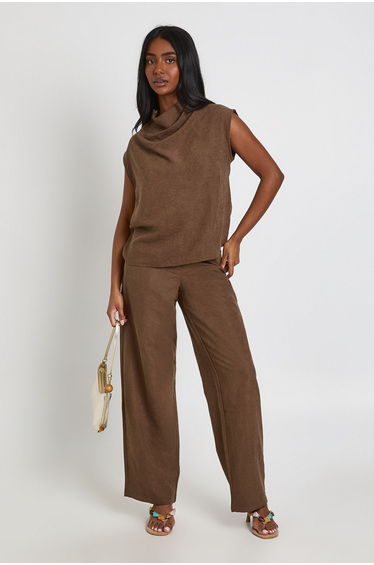 Cowl Drape Peached Wide Leg Co-Ord - dark chocolate
