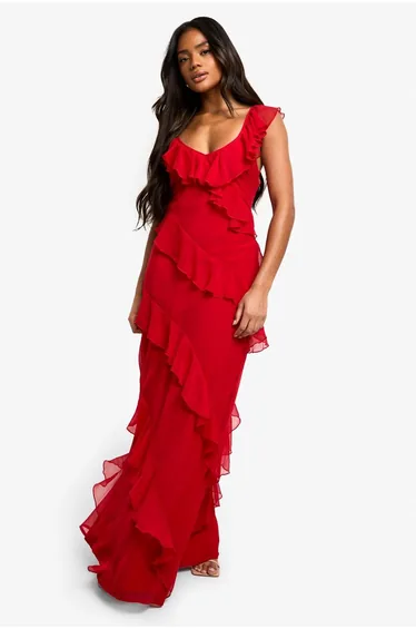 Chiffon Ruffle Strappy Maxi Dress