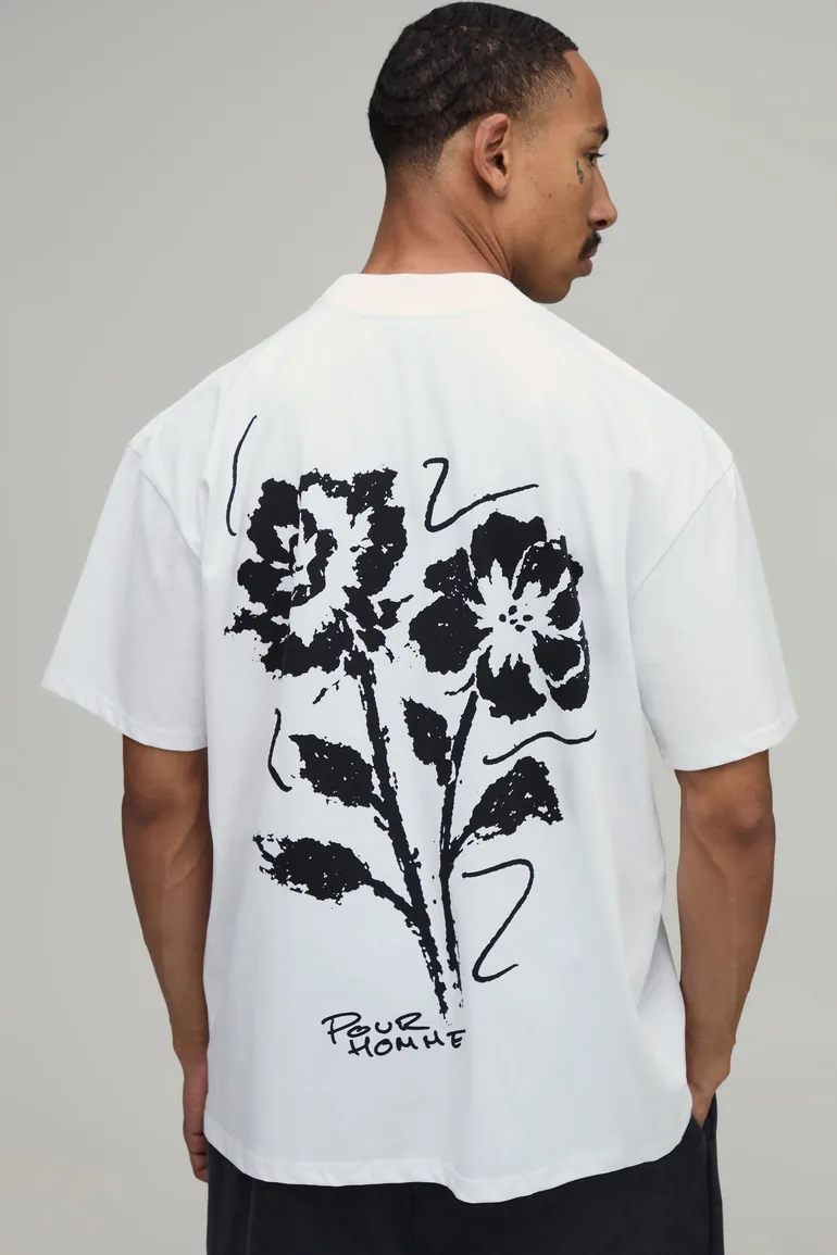 White Oversized Floral Sketch Print T-Shirt - white - 1