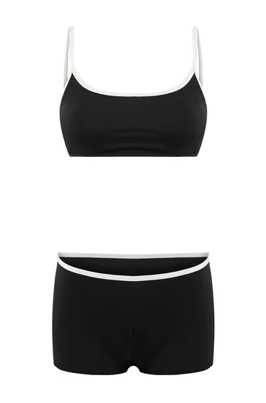 Black Bralette Covered Color Block Regular Waist Shorts Bikini Set