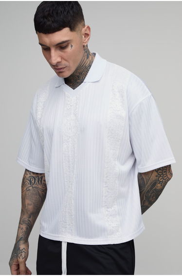 Tall Oversized Boxy Stripe with Lace Panel Football Top - white
