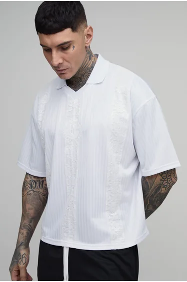 Tall Oversized Boxy Stripe with Lace Panel Football Top - white