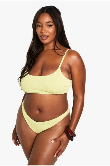 Plus Swimwear Essentials Crinkle V Front Bikini Bottoms - olive